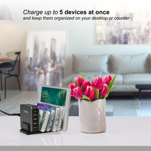 SIIG 5-Port Smart USB Charger plus Organizer Bundle with QC3.0 & USB-C - Black - 45W USB-C smart charger is compatible wit