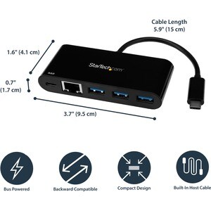StarTech.com USB-C to Ethernet Adapter with 3-Port USB 3.0 Hub and Power Delivery - USB-C GbE Network Adapter + USB Hub w/