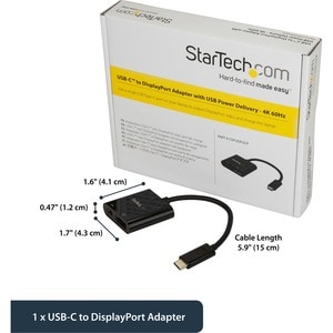 StarTech.com USB C to DisplayPort Adapter - with Power Delivery (USB PD) - Power Pass Through Charging - 4K 60Hz - USB-C t