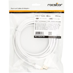 Rocstor Premium 10ft / 3m USB Type C to DisplayPort Cable - USB C to DP Cable - 4K 60Hz - White - DisplayPort/USB for Vide