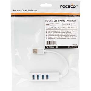 Rocstor Premium Portable 4 Port SuperSpeed Mini USB 3.0 Hub - Aluminum Silver - USB - External - 4 USB Ports Female - 4 US