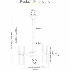 StarTech.com Dual TV-Deckenhalterung, Rücken an Rücken, Hängende Dualbildschirm VESA-Masthalterung für 32"-75" TVs - Höhen