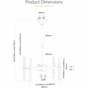 StarTech.com Dual TV Ceiling Mount, Back-to-Back Hanging Dual Screen VESA Pole Mount for 32"-75" TVs - Height Adjustable T