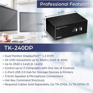 TRENDnet TK-240DP KVM Switchbox - TAA Compliant - 2 Computer(s) - 1 Local User(s) - 3840 x 2160 - 2 - 6 x USB - 6 x Displa