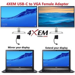 4XEM USB-C to VGA Adapter - 1 x 24-pin Type C USB 3.1 USB Male - 1 x 15-pin HD-15 VGA Female - 1920 x 1200 Supported - Bla