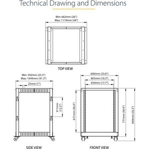 StarTech.com 4-Post 15U Mobile Open Frame Server Rack, 19" Network Rack with Casters, Rolling Rack for Computer/AV/Data/IT