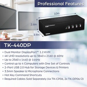 TRENDnet TK-440DP KVM Switchbox - TAA Compliant - 4 Computer(s) - 1 Local User(s) - 3840 x 2160 - 4 - 8 x USB - 10 x Displ