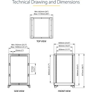 StarTech.com 18U 19" Open Frame Server Rack - 4 Post, Adjustable Depth 22 to 40" - Mobile Network Equipment Rack - HP ProL