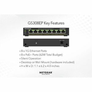 Netgear Business GS308EP Ethernet Switch - 8 Ports - Gigabit Ethernet - 10/100/1000Base-T - 2 Layer Supported - 62 W PoE B
