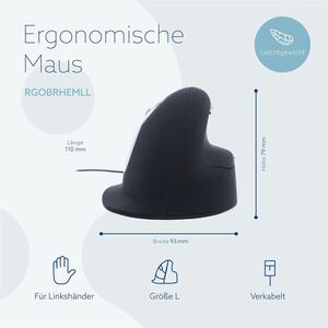 R-Go HE Mouse - USB 2.0 - 5 Button(s) - Black - Cable - 2500 dpi - Scroll Wheel - Large Hand/Palm Size - Left-handed