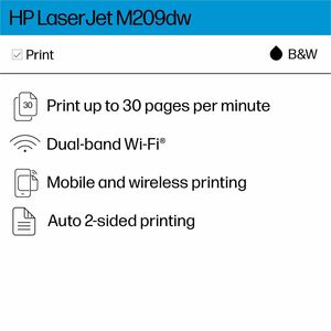 HP LaserJet 200 M209dw Desktop Wireless Laser Printer - Monochrome - 30 ppm Mono - 600 x 600 dpi Print - Automatic Duplex 