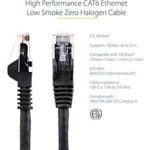 StarTech.com 2m CAT6 Ethernet Cable, LSZH (Low Smoke Zero Halogen), 10 GbE Snagless 100W PoE UTP RJ45 Black CAT 6 Network 