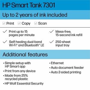 HP Smart Tank 7301 All-in-One Printer-Multifunction printer-color-ink-jet-refillable-Copier/Scanner-4800x1200 dpi Print-Au