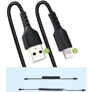 StarTech.com 1m (3ft) USB to Lightning Cable, MFi Certified, Coiled iPhone Charger Cable, Black, Durable TPE Jacket Aramid