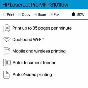 HP LaserJet Pro 3101fdw Wired & Wireless Laser Multifunction Printer - Monochrome - Copier/Fax/Printer/Scanner - 35 ppm Mo