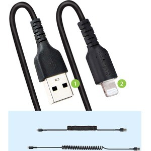 StarTech.com 50cm/20in USB to Lightning Cable, MFi Certified, Coiled iPhone Charger Cable, Black, Durable TPE Jacket Arami