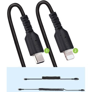 StarTech.com USB C to Lightning Cable 50cm / 20in, MFi Certified, Coiled iPhone Charger Cable, Black, TPE Jacket Aramid Fi
