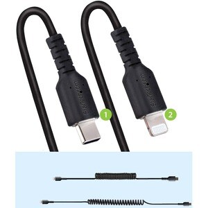 StarTech.com 50cm / 20in USB C to Lightning Cable, MFi Certified, Coiled iPhone Charger Cable, Black, TPE Jacket Aramid Fi