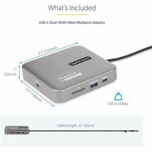 StarTech.com USB-C Multiport Adapter, Dual 4K 60Hz HDMI, 2-Port USB-A/USB-C 10Gbps Hub, 100W PD, GbE, SD, Travel Docking S