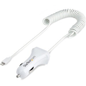 StarTech.com Lightning Car Charger with Coiled Cable, 1m Built-in Cable, 12W, White, 2 Port USB Car Charger Adapter, In Ca