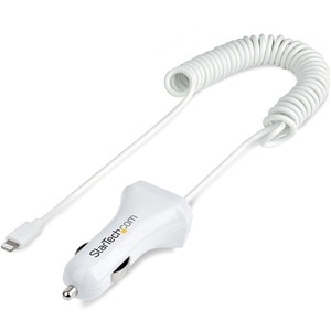 StarTech.com Lightning Car Charger with Coiled Cable, 1m Built-in Cable, 12W, White, 2 Port USB Car Charger Adapter, In Ca