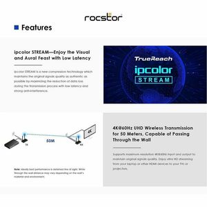 Rocstor TrueReach 4K@60Hz HDMI over Wireless Extender - 4K 60Hz up to 164ft (50m) - Long Range - Wireless HDMI 4K 60Hz Vid