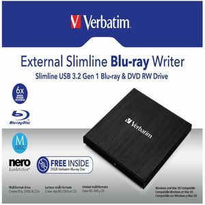 External Slimline Blu-ray Writer - BD-R, CD-R, DVD+R, DVD-R Support/24x CD Write/6x BD Write/8x DVD Write - USB 3.2 Gen 1 