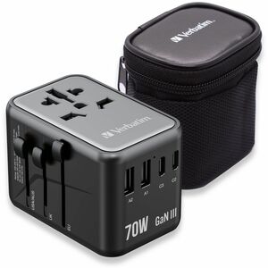 Verbatim UTA-09 Gan III Universal Travel Adapter 70W - USB-C, USB-A - 70 W - 120 V AC, 230 V AC Input