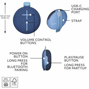 ULTIMATE EARS MINIROLL Ultra-Portable Waterproof Bluetooth Speaker, Big Bass, IP67 Dustproof, 131 ft (40 m) Range - Majest