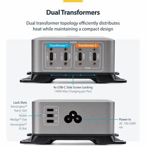 StarTech.com 4-Port Multi-Device USB-C Charger, 240W Total, Single Port 140W EPR, Screw Locking Ports, Ideal for Boardroom