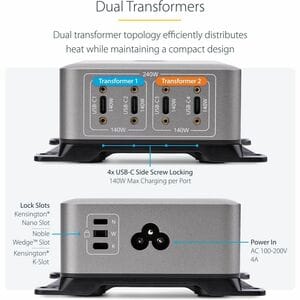 StarTech.com 4-Port Multi-Device USB-C Charger, 240W Total, Single Port 140W EPR, Screw Locking Ports, Ideal for Boardroom