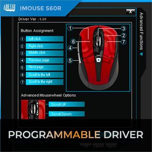 Adesso iMouse S60R Mouse - Radio Frequency - USB - Optical - 6 Button(s) - Red - Wireless - 9.14 m - 2.40 GHz - 1600 dpi -