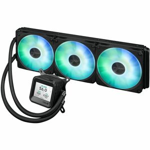 ASUS Prime LC ARGB LCD all-in-one CPU liquid cooler with sharp screen showcasing CPU & GPU information with different back