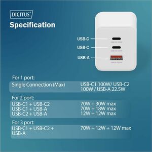 Digitus 100 W AC Adapter - Universal Adapter - 2 USB Type-C - For Smartphone, Tablet, Earphone, USB Type A Device, USB Typ