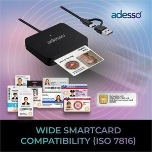 Adesso SCR-400 Smart Card Reader - Contact - Cable - USB Type C, USB Type A - Desktop, Automated Teller Machine (ATM), Dig