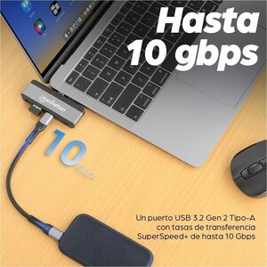Manhattan USB-C Travel Dock/Hub, Ports (x4): HDMI, USB-A, USB-C and 3.5mm audio, With Power Delivery (100W) to USB-C Port,