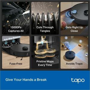 Tapo RV50 Pro Omni Cordless Robot Vacuum/Mop - Black - 3 L Dust Capacity - 95 mL Water Tank Capacity - Filter, Brush - Car