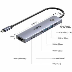 uHUB S7 Pro 7-in-1 5Gbps USB-C Hub with Screen On/Off button Supports 4K60Hz PD 100W SD/microSD card reader
