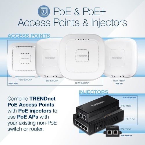 Injecteur POE TRENDnet TPE-113GI - Conforme aux normes TAA - 48 V DC Entrée - 1 x 10/100/1000Base-T Port(s) d'entrée - 1 x