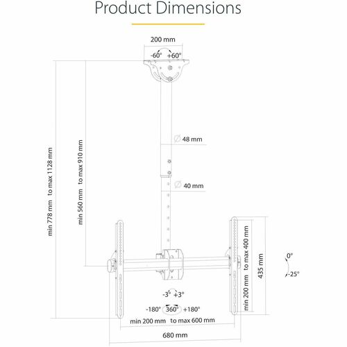 StarTech.com TV-Deckenhalterung, Vollbewegliche Hängende Einzelbildschirm-Vesa-Halterung für 32"-75" TVs / Bildschirme - H