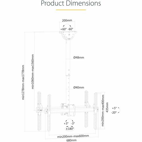 StarTech.com Dual TV-Deckenhalterung, Rücken an Rücken, Hängende Dualbildschirm VESA-Masthalterung für 32"-75" TVs - Höhen