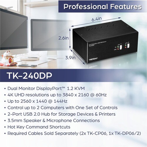 TRENDnet TK-240DP KVM Switchbox - TAA Compliant - 2 Computer(s) - 1 Local User(s) - 3840 x 2160 - 2 - 6 x USB - 6 x Displa