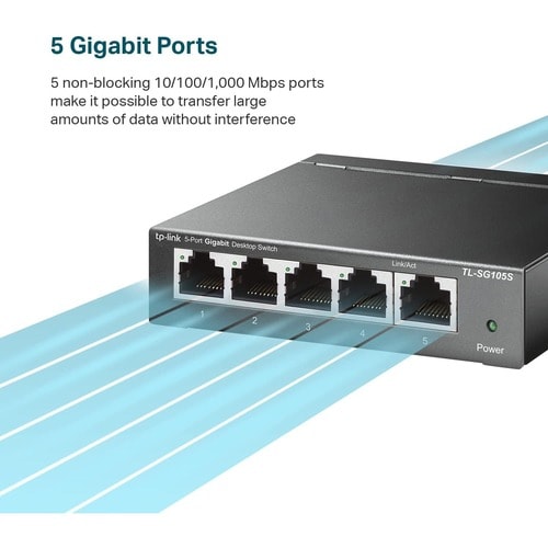 TP-Link TL-SG105S 5 Ports Ethernet Switch - Gigabit Ethernet - 10/100/1000Base-T - 2 Layer Supported - 2.40 W Power Consum