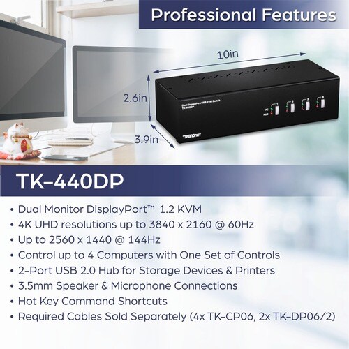TRENDnet TK-440DP KVM Switchbox - TAA Compliant - 4 Computer(s) - 1 Local User(s) - 3840 x 2160 - 4 - 8 x USB - 10 x Displ