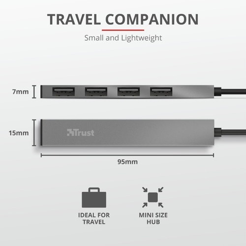 Trust Halyx USB Hub - USB 2.0 Type A - External - Aluminium - 4 Total USB Port(s) - 4 USB 2.0 Port(s) - Mac, PC, ChromeOS