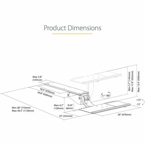 StarTech.com Bandeja para Teclado y Mouse Debajo del Escritorio - Bandeja (255x670mm) Ergonómica de Altura Ajustable con P