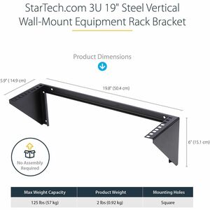 StarTech 3U 19" Wall Mount Vertical Rack Bracket, Patch Panel Wall Mount Bracket for AV/IT Equipment/Cabinet/Server Room, 