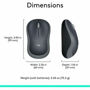 Logitech M185 Wireless Mouse, 2.4GHz with USB Mini Receiver, 1000 DPI Optical Tracking, Swift Grey - Optical - Wireless - 
