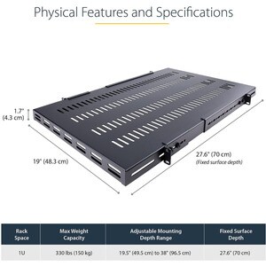 StarTech.com 1U 4-Post 19.5 to 38in Adjustable Mounting Depth Vented Rack Mount Shelf - Heavy Duty Fixed Rack Shelf - 330l