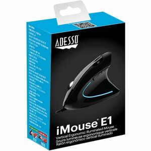 Adesso iMouse E1 Vertical Ergonomic Illuminated Mouse - Optical - Cable - Glossy Black - USB - 1600 dpi - Scroll Wheel - 6
